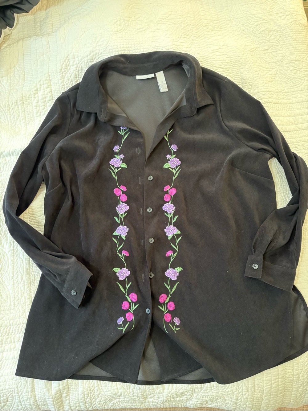 Black Button-Up Shirt with Pink & Lavender Floral Embroidery